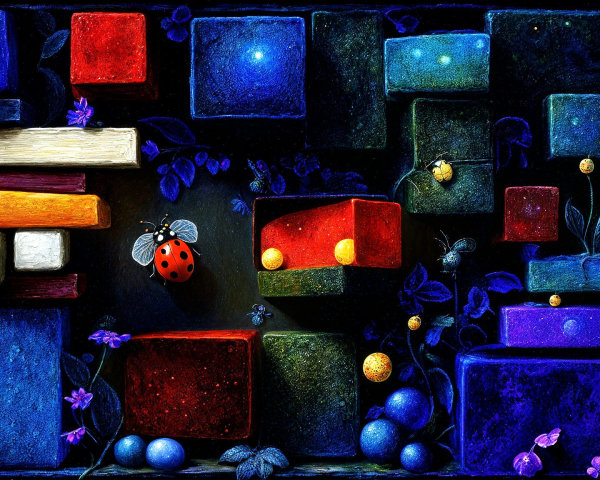 Colorful Geometric Shapes with Nature Elements on Dark Background