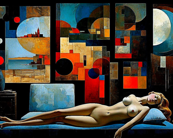 Reclining Nude Woman on Blue Couch with Abstract Art