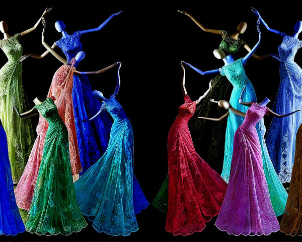 Elegant evening gowns displayed on mannequins