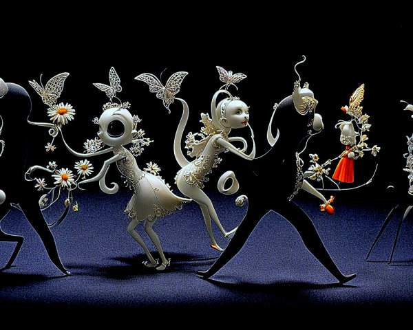 Whimsical Figures in Nature-Inspired Dance Scene