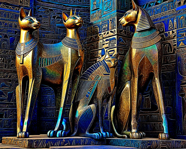 Intricately Carved Cat Statues with Hieroglyphics