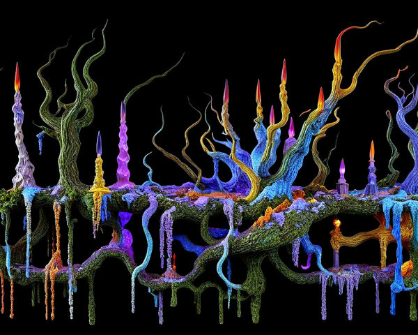Surreal Landscape of Vibrant Trees and Candles