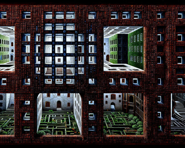 Surreal Architectural Structure with Gardens and Pathways