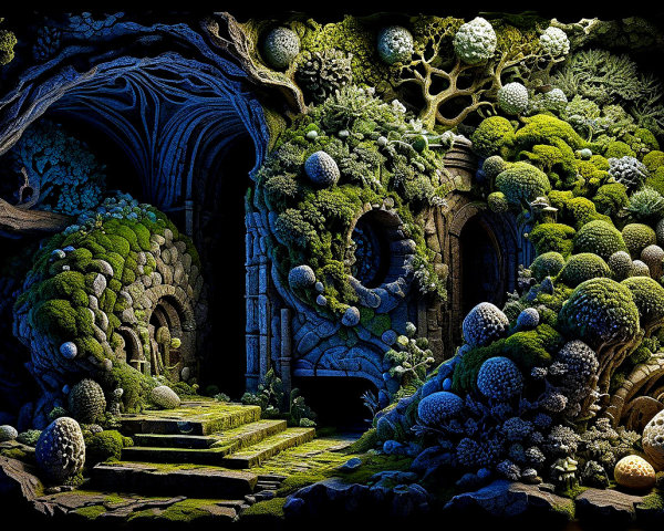 Mystical Overgrown Landscape with Ancient Stone Structures