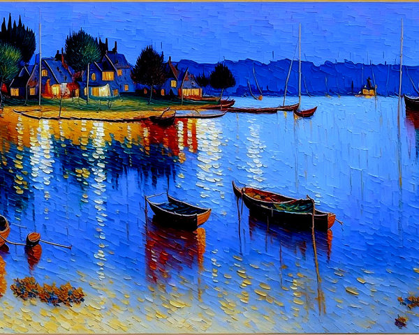 Serene Lakeside Scene at Dusk with Illuminated Houses