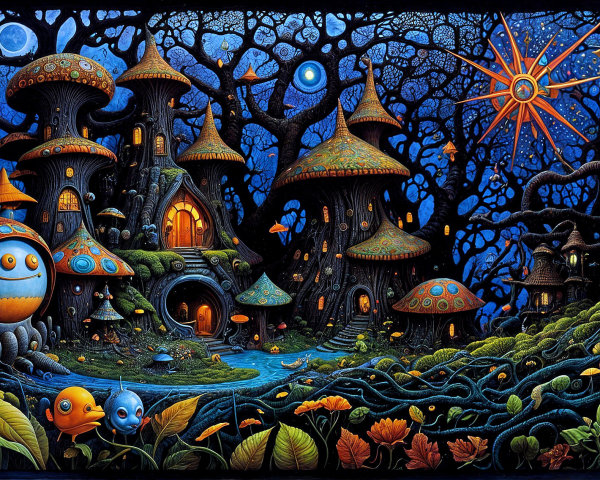 Enchanted Landscape with Mushroom Houses and Creatures