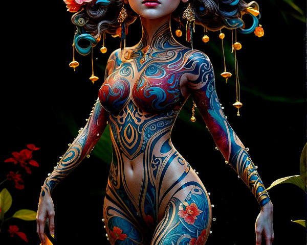 Intricate Body Paint and Floral Motifs in Nature