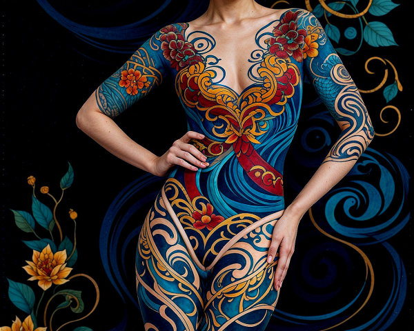 Model Displays Intricate Body Art Resembling Dress