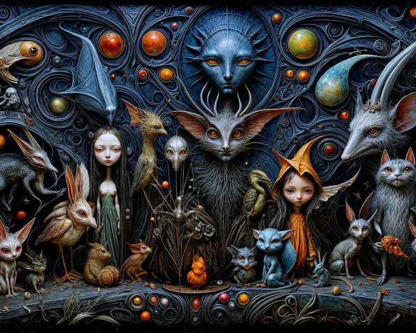 Mythical Creatures in a Cosmic Landscape Artwork
