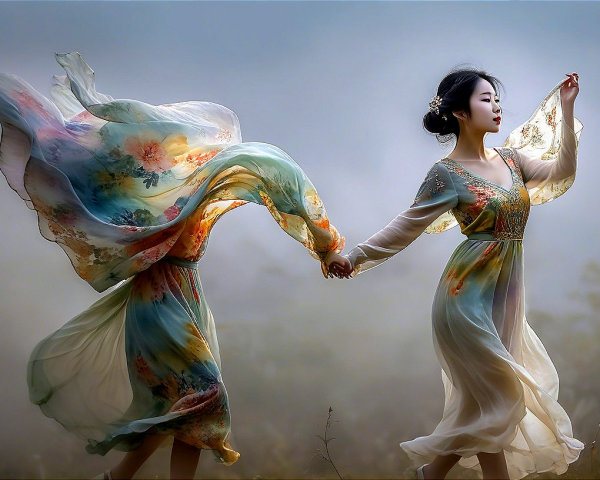 Young Woman Dancing in a Mystic, Ethereal Landscape