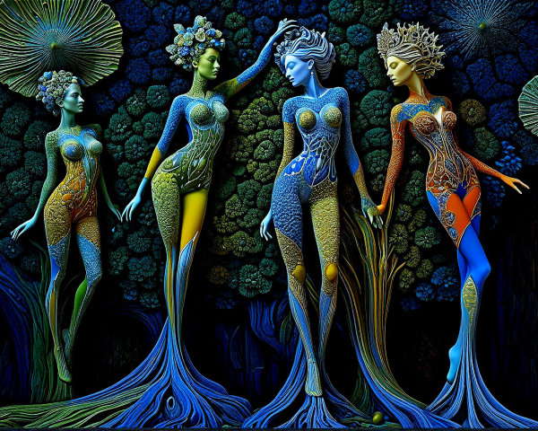 Surreal Illustration of Ethereal Figures in Forest