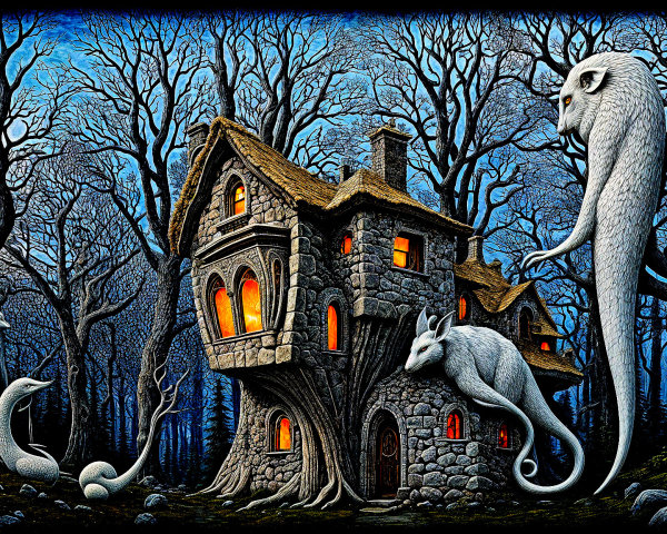 Twilight Scene of a Stone House with Ethereal Creatures