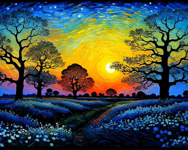 Vibrant Landscape with Swirling Sunset Sky and Flowers