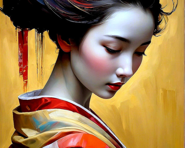 Digital Painting of a Woman in a Kimono with Flowers