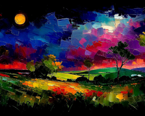 Vibrant Landscape with Rolling Hills and Dramatic Sky