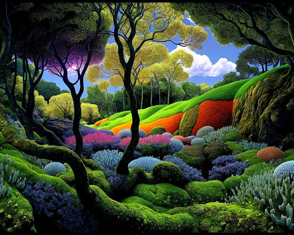Surreal Landscape with Vibrant Vegetation and Colors