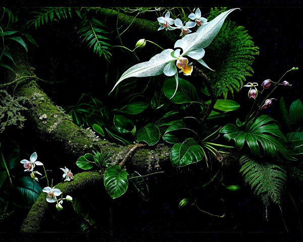 Vibrant Tropical Plants and Orchids in Lush Scene