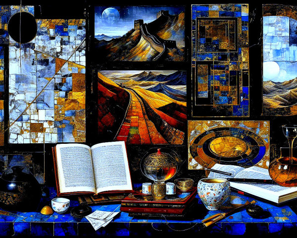 Vibrant Collage of Landscapes and Scholarly Objects