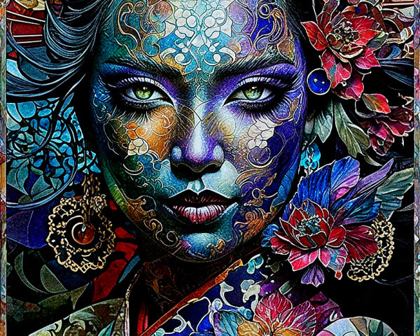Vibrant Portrait of a Woman with Floral Patterns
