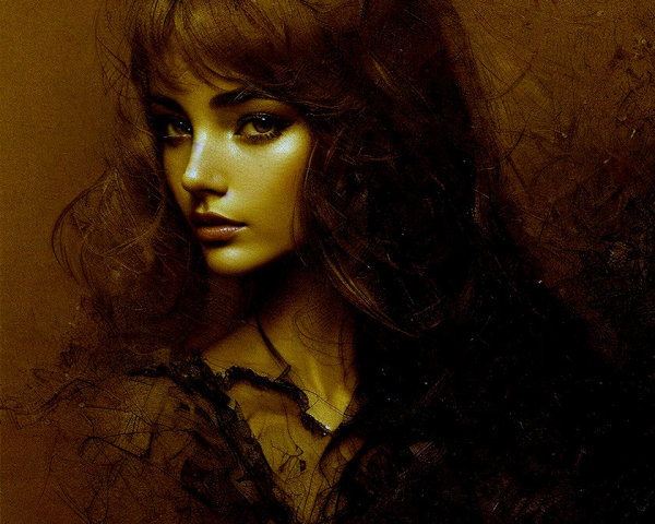 Portrait of a woman with wavy hair and intense gaze