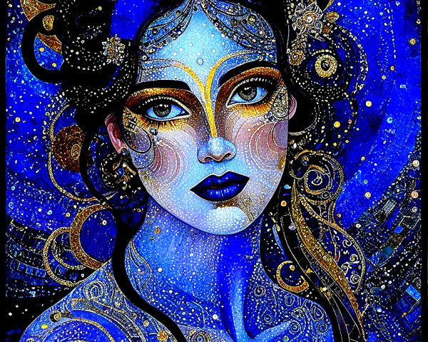 Female Figure in Blue with Gold Accents and Swirls