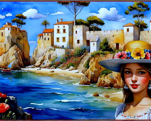 Coastal Scene with Woman, Poppies, and White Buildings