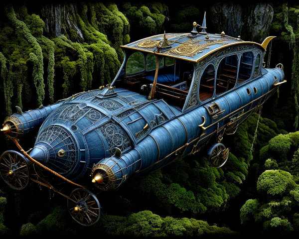 Steampunk Airship Above Lush Greenery Landscape