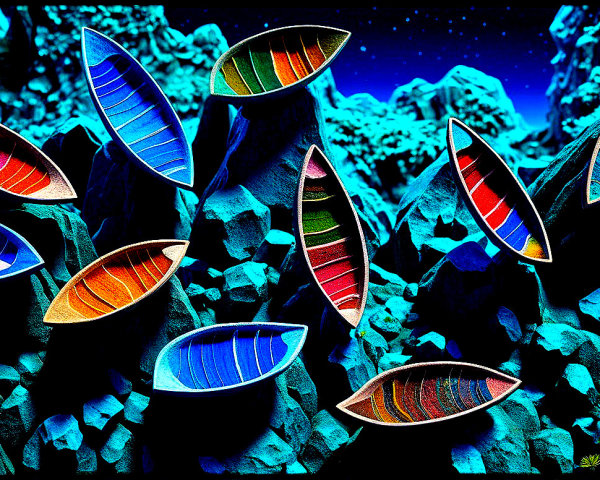 Surreal Landscape with Colorful Boats and Starry Sky