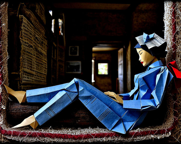 Elegant Origami Figure in Vibrant Blue Outfit