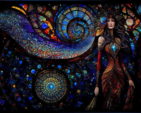 Mystical Figure in Vibrant Stained Glass Patterns