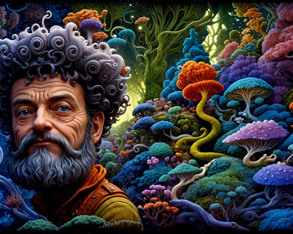 Whimsical Bearded Man in a Vibrant Fantasy Forest