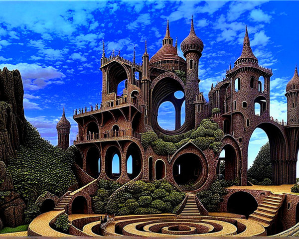 Fantastical Castle Surrounded by Lush Landscape and Sky