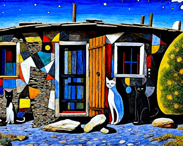 Colorful Rustic House with Cats and Trees Scene