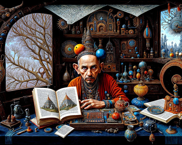 Eccentric scholar at a cluttered wooden desk with artifacts