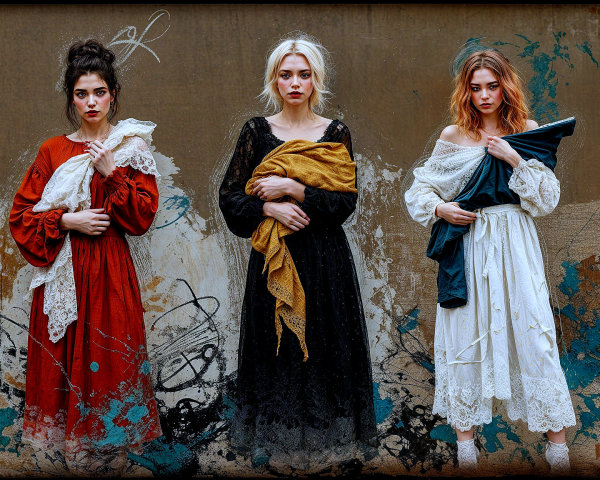 Three Women in Flowing Dresses with Shawls