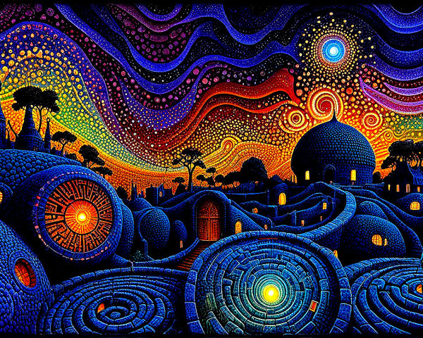 Surreal Landscape with Colorful Hills and Cosmic Sky