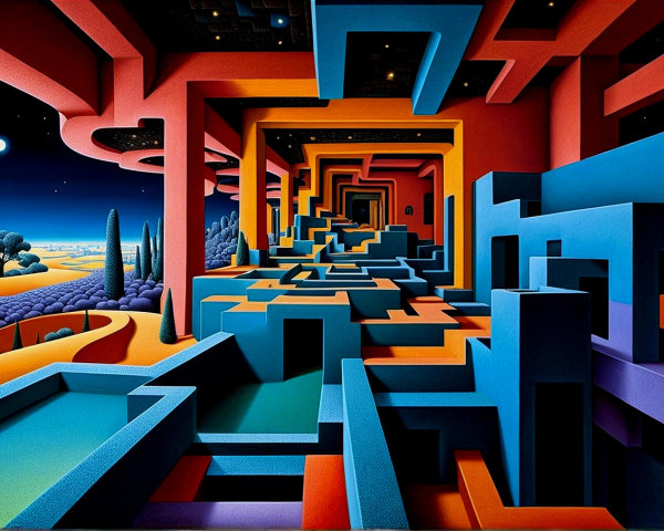 Surreal Landscape with Geometric Shapes and Bold Colors