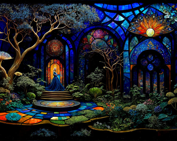Stained-Glass Scene with Vibrant Colors and Flora