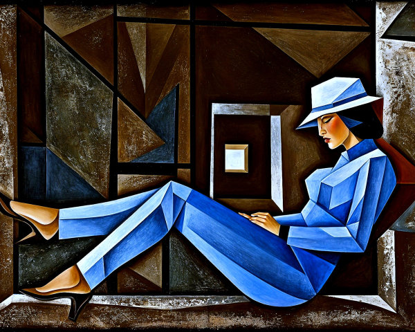 Stylized Woman in Blue Outfit with Abstract Background