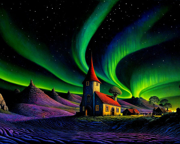 Whimsical Landscape with Church and Vibrant Auroras