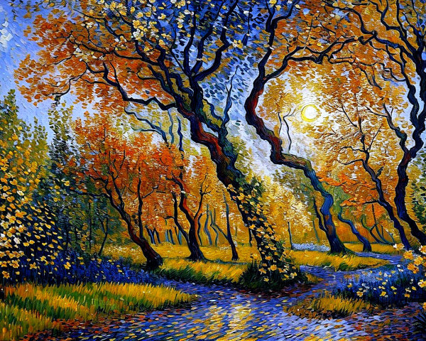 Vibrant Autumn Landscape with Twisted Trees and Stream