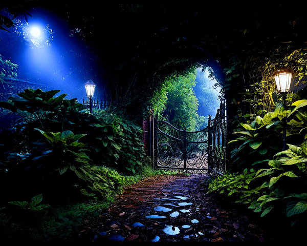 Enchanting Garden Gate Surrounded by Lush Greenery