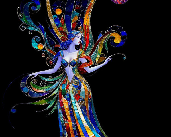 Ethereal figure in vibrant stained glass colors