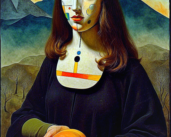 Geometric Portrait of Woman with Orange Orb in Landscape