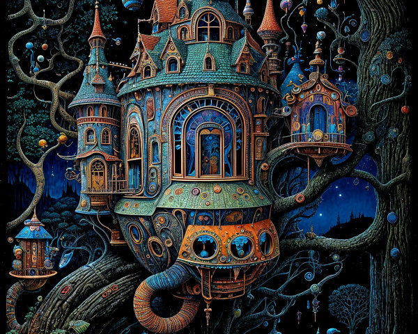 Whimsical Treehouse in an Ancient Tree with Turrets