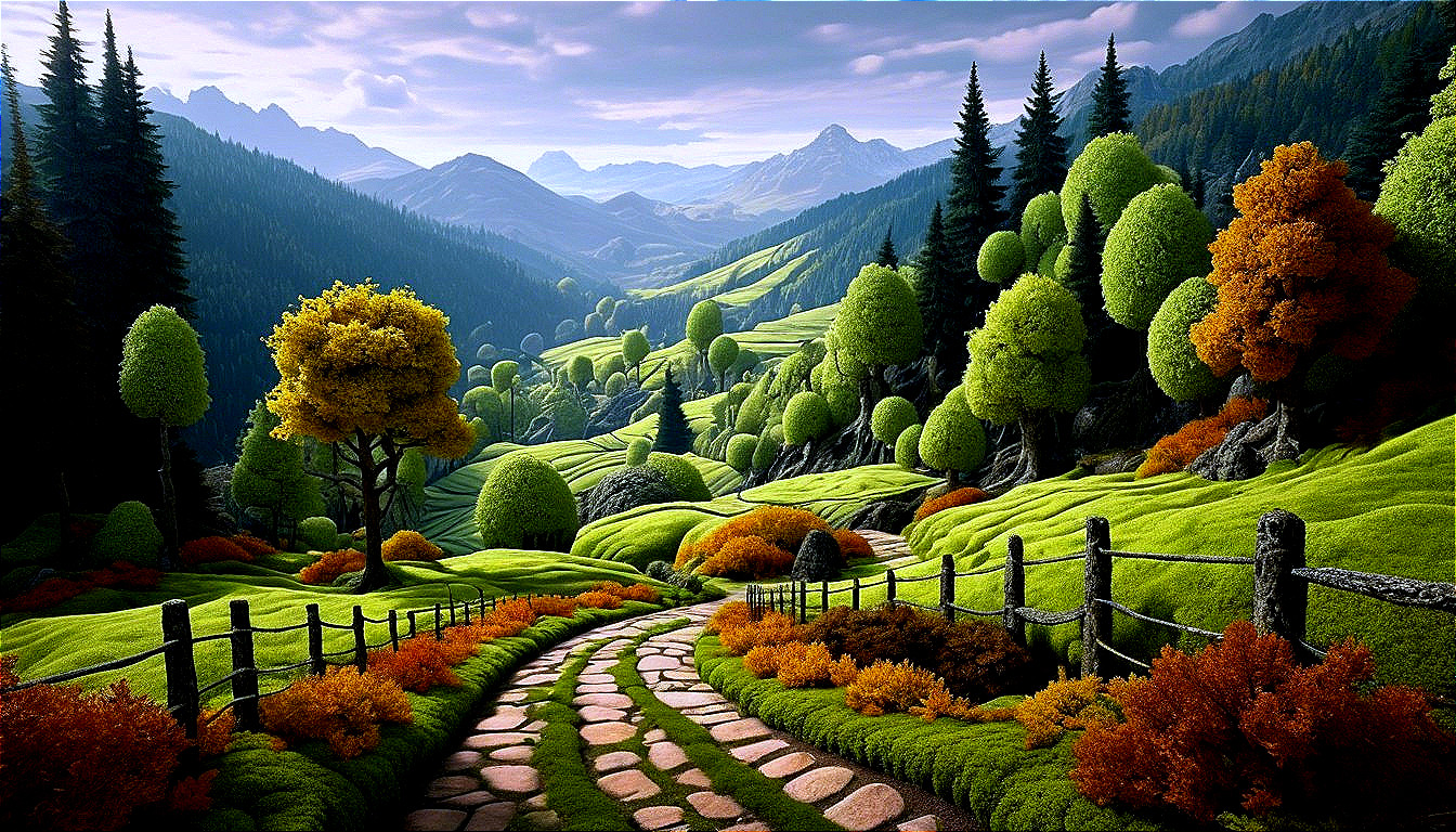 Picturesque Landscape with Green Hills and Mountains
