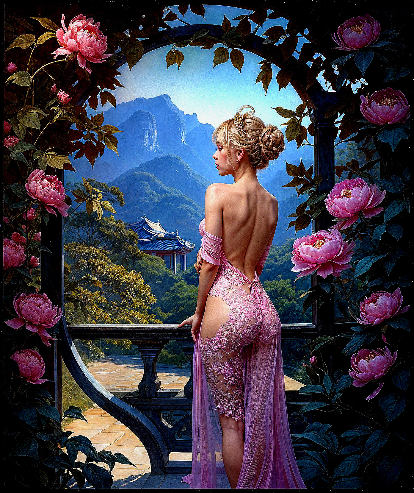 Elegant figure on balcony with blooming peonies and mountains