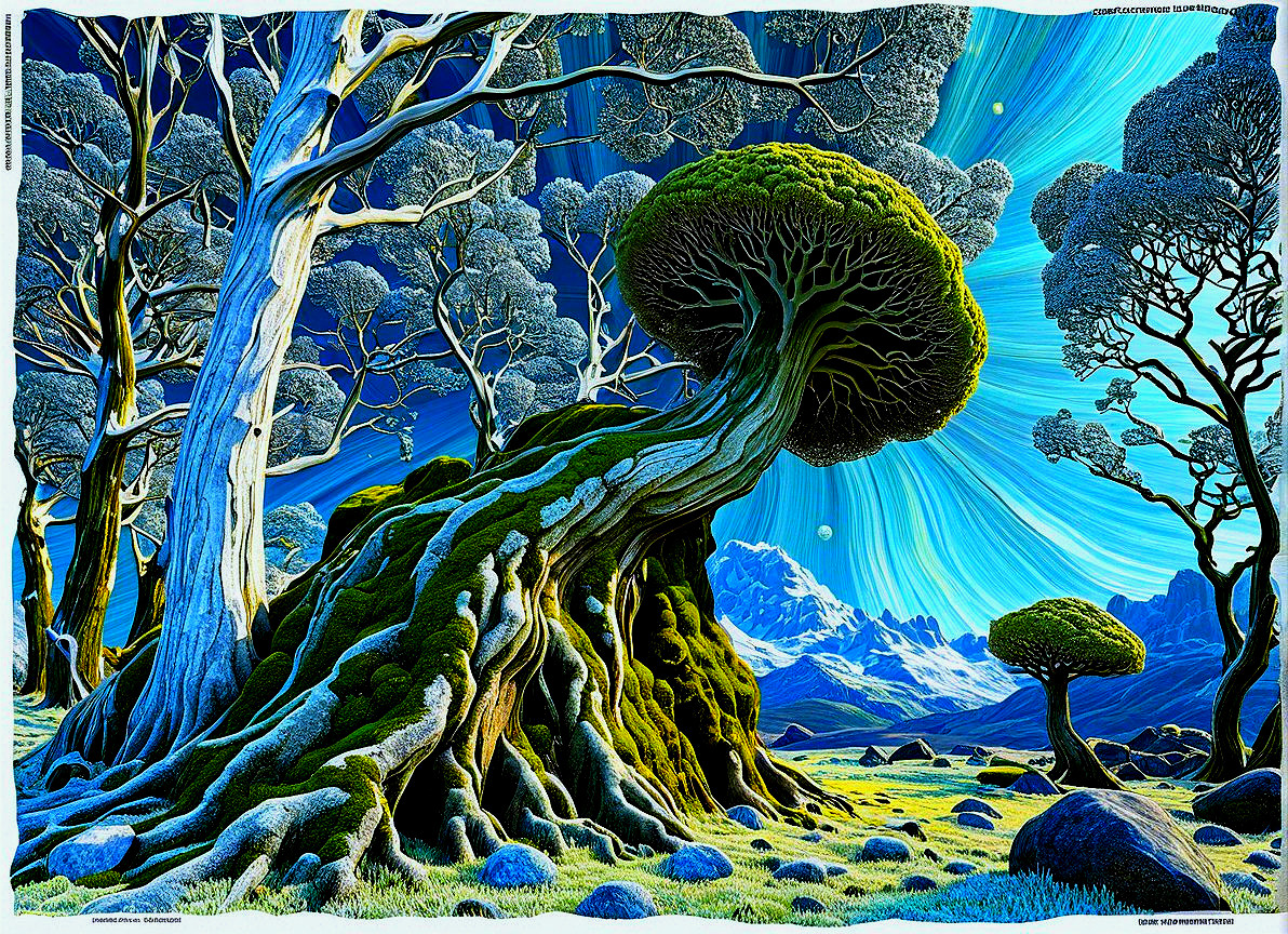 Surreal Landscape with Twisting Trees and Blue Sky