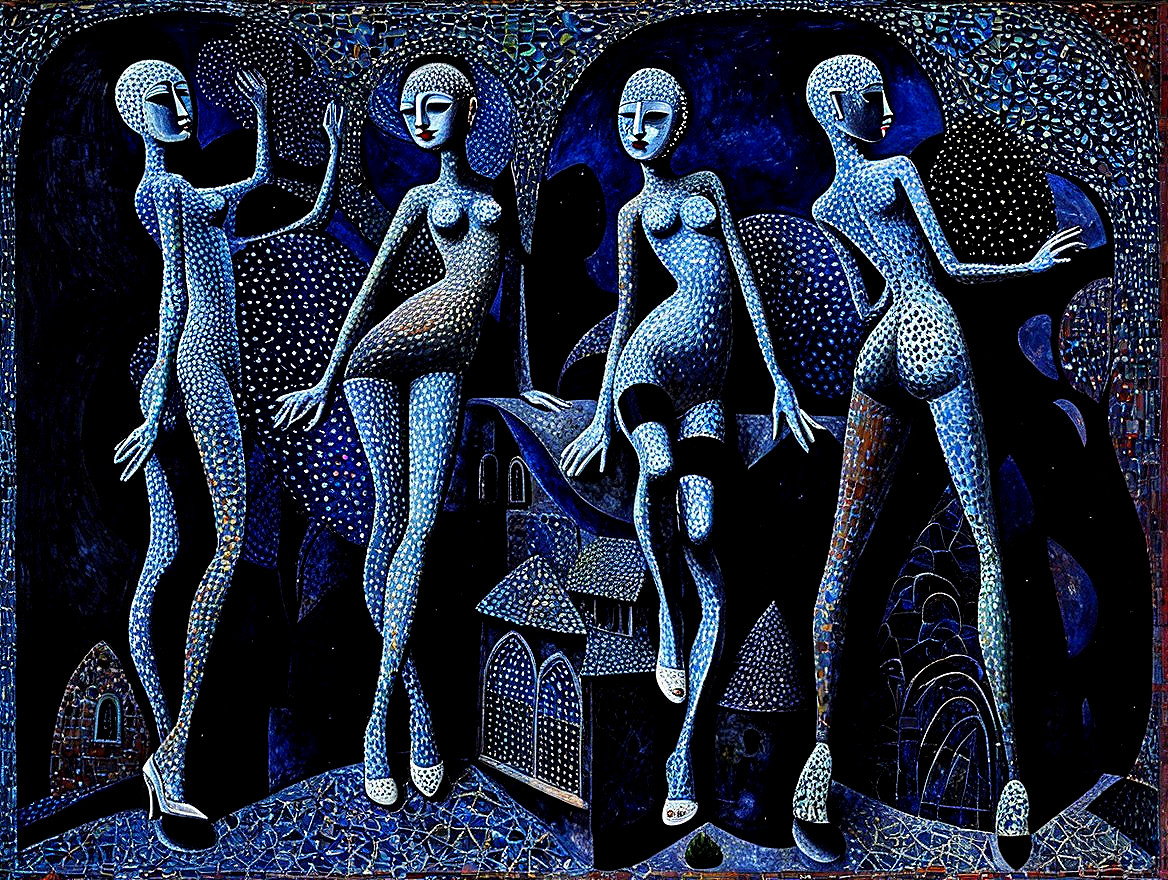 Abstract Figures on Deep Blue Background with Patterns