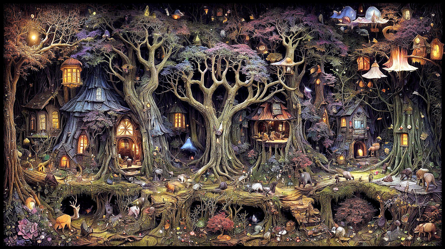 Vibrant Whimsical Forest with Cozy Houses and Animals